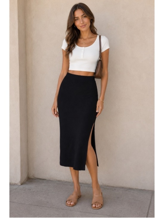 Stillwater Dresses & Skirts - Women's Stillwater Black Ribbed Midi Skirt with Slit S